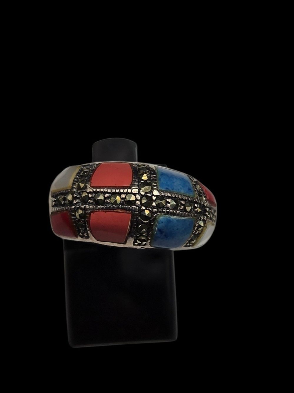 925 Sterling Silver Color Block Marcasite Dome Ring 925 6.75